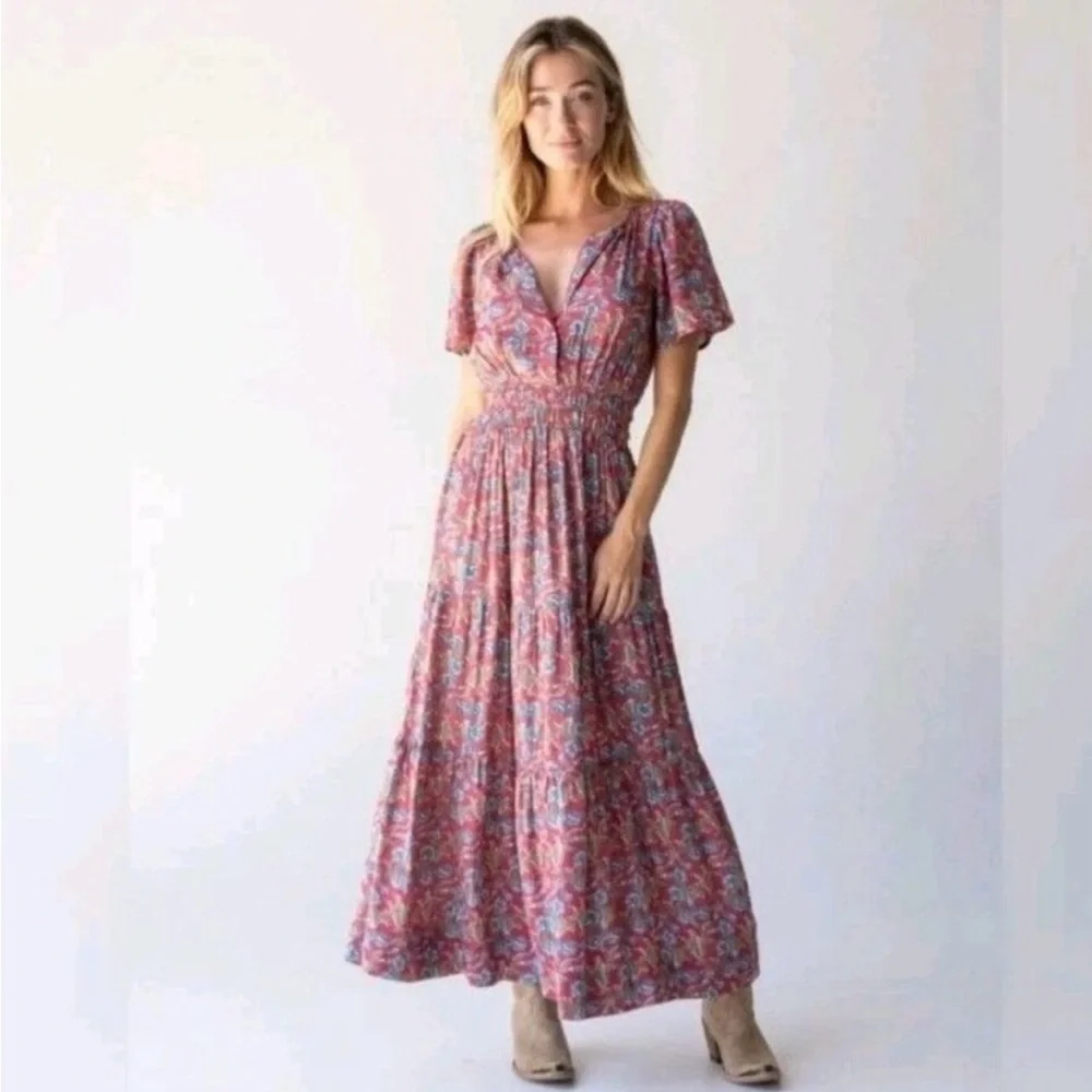 Natural Life Bella Red Blue Floral Maxi Dress Women’s Large Cottagecore Bohemian - Picture 1 of 14